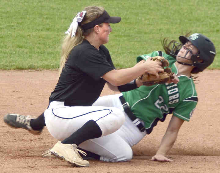 West Branch’s Delaney Rito is tagged out by Jonathan Alder’s Emily Walker while trying to steal second in the OHSAA state softball semifinals at Firestone Stadium in Akron. West branch went on to beat Alder 5-4 and advance to the state finals.  (Patricia Schaeffer / The (Lisbon) Morning Journal)